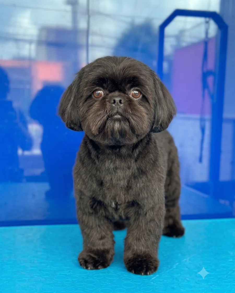 El mismo Shih Tzu con un corte prolijo y limpio después del baño y corte