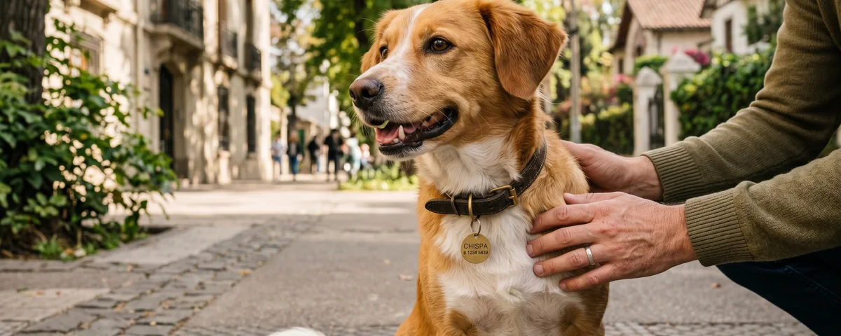 Perro con collar de identificación junto a scanner de microchip — Ley Cholito Chile
